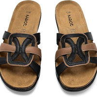 WOMENS NAOT LIV SLIP ON SANDAL | JET BLACK | LATTE COMBO