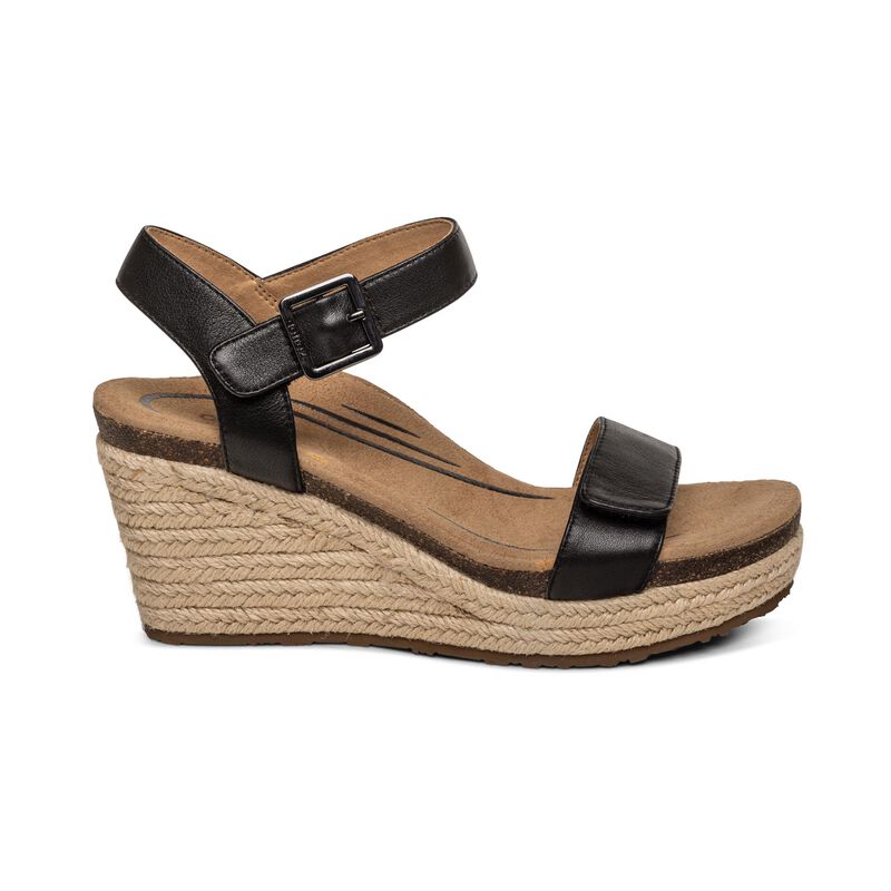 WOMEN'S AETREX SYDNEY QUARTER STRAP ESPADRILLE WEDGE | BLACK LEATHER