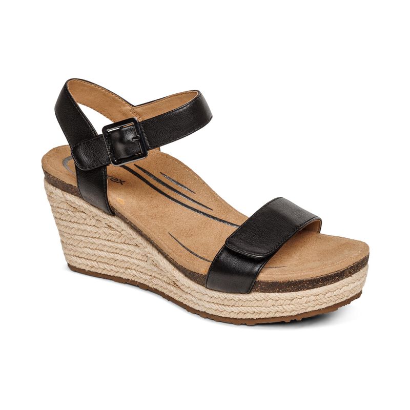 WOMEN'S AETREX SYDNEY QUARTER STRAP ESPADRILLE WEDGE | BLACK LEATHER