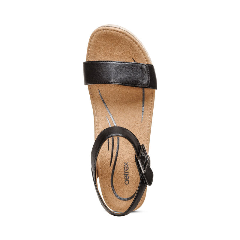 WOMEN'S AETREX SYDNEY QUARTER STRAP ESPADRILLE WEDGE | BLACK LEATHER