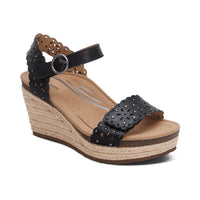 WOMEN'S AETREX SYDNEY QUARTER STRAP ESPADRILLE WEDGE | BLACK CUTOUT