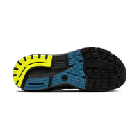 Close-up of a shoe sole with black, blue, and yellow design on a white background