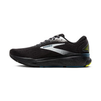 Black running shoe with Brooks logo on a white background