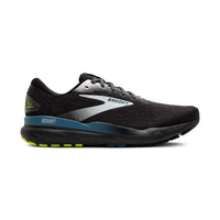 Black running shoe with blue and yellow accents on a white background