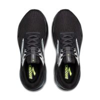 Black running shoes with visible 'Brooks' branding on a white background