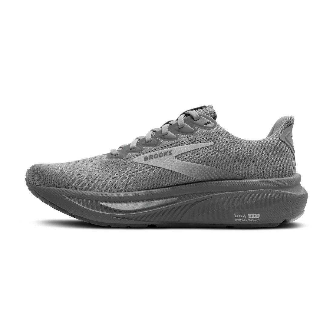 Gray running shoe with 'Brooks' branding on a white background