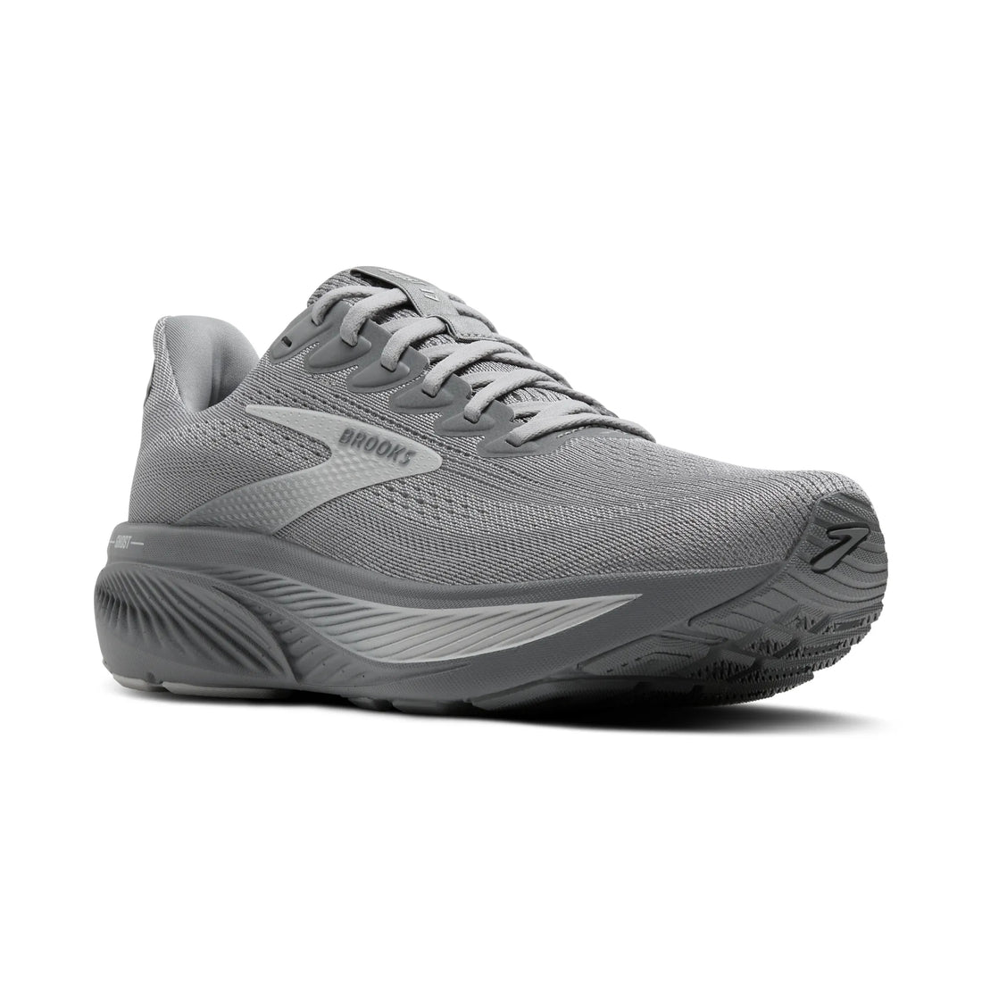 Gray running shoe with 'Brooks' branding on a white background