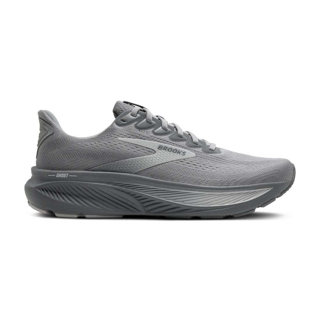 Gray running shoe with 'Brooks' branding on a white background