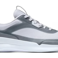 Gray and white athletic shoe on a white background