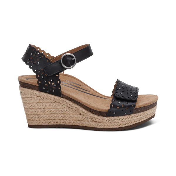 WOMEN'S AETREX SYDNEY QUARTER STRAP ESPADRILLE WEDGE | BLACK CUTOUT