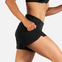 Person wearing black athletic shorts on a plain background