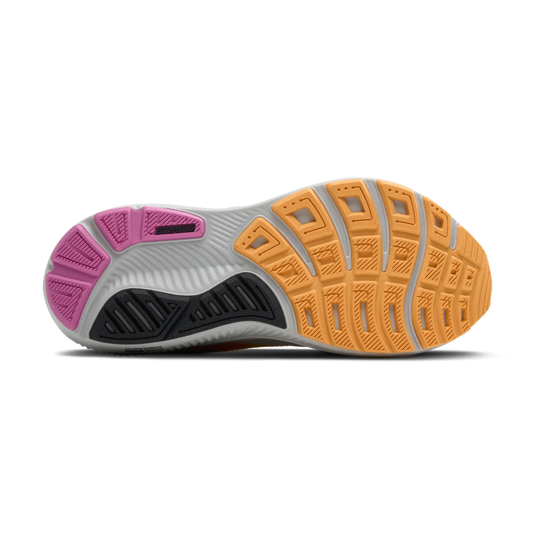 Close-up of a shoe sole with pink, gray, and orange colors on a white background