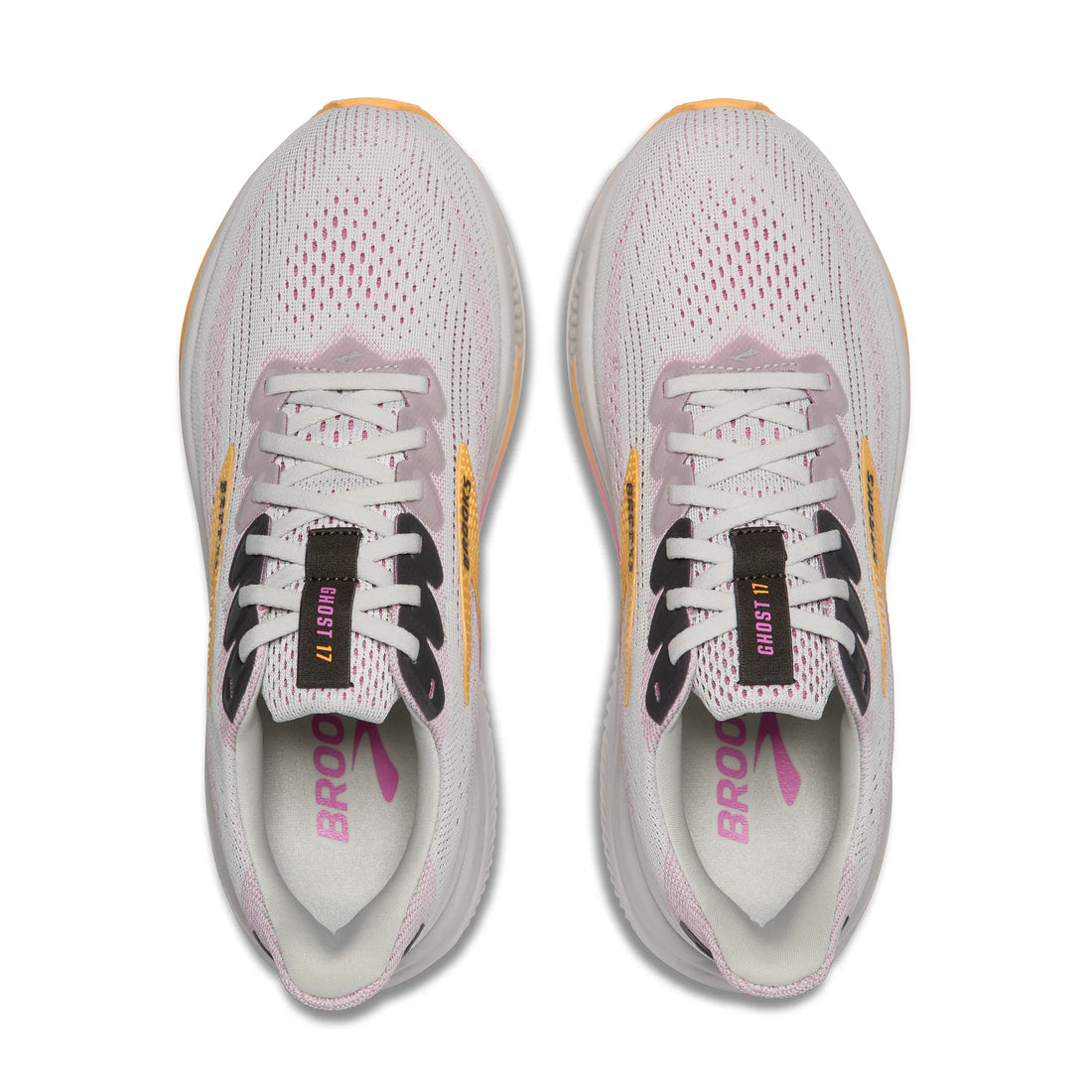 White running shoes with black and pink accents on a white background