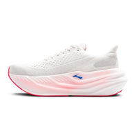 White running shoe with red sole on a white background