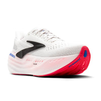 White running shoe with red sole on a white background