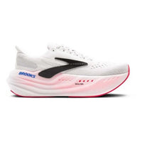 White running shoe with pink sole on a white background