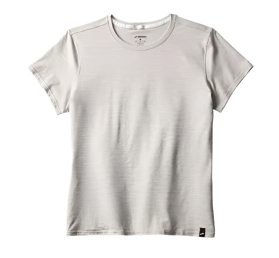 A heather light ash short-sleeved women's t-shirt by Brooks, displayed against a white background.