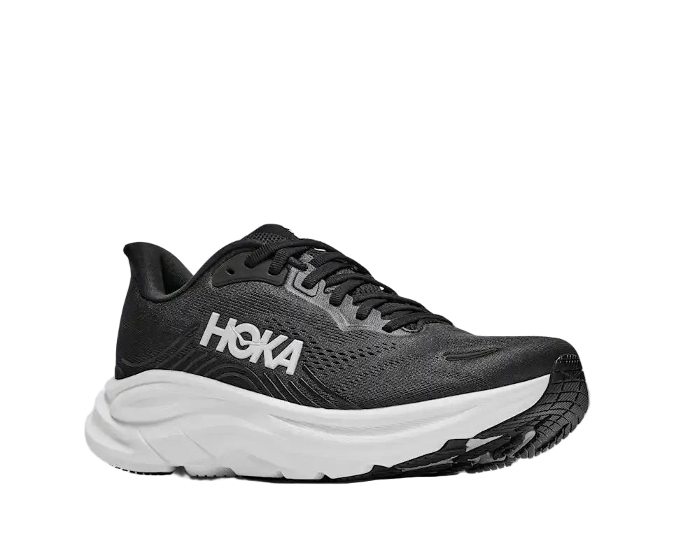 Black Hoka running shoe on a white background