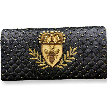 WOMEN'S DAVID JEFFERY HANDBAG | BLACK QUILTED VELVET CLUTCH WITH EMBROIDERED GOLD WREATH & BEE