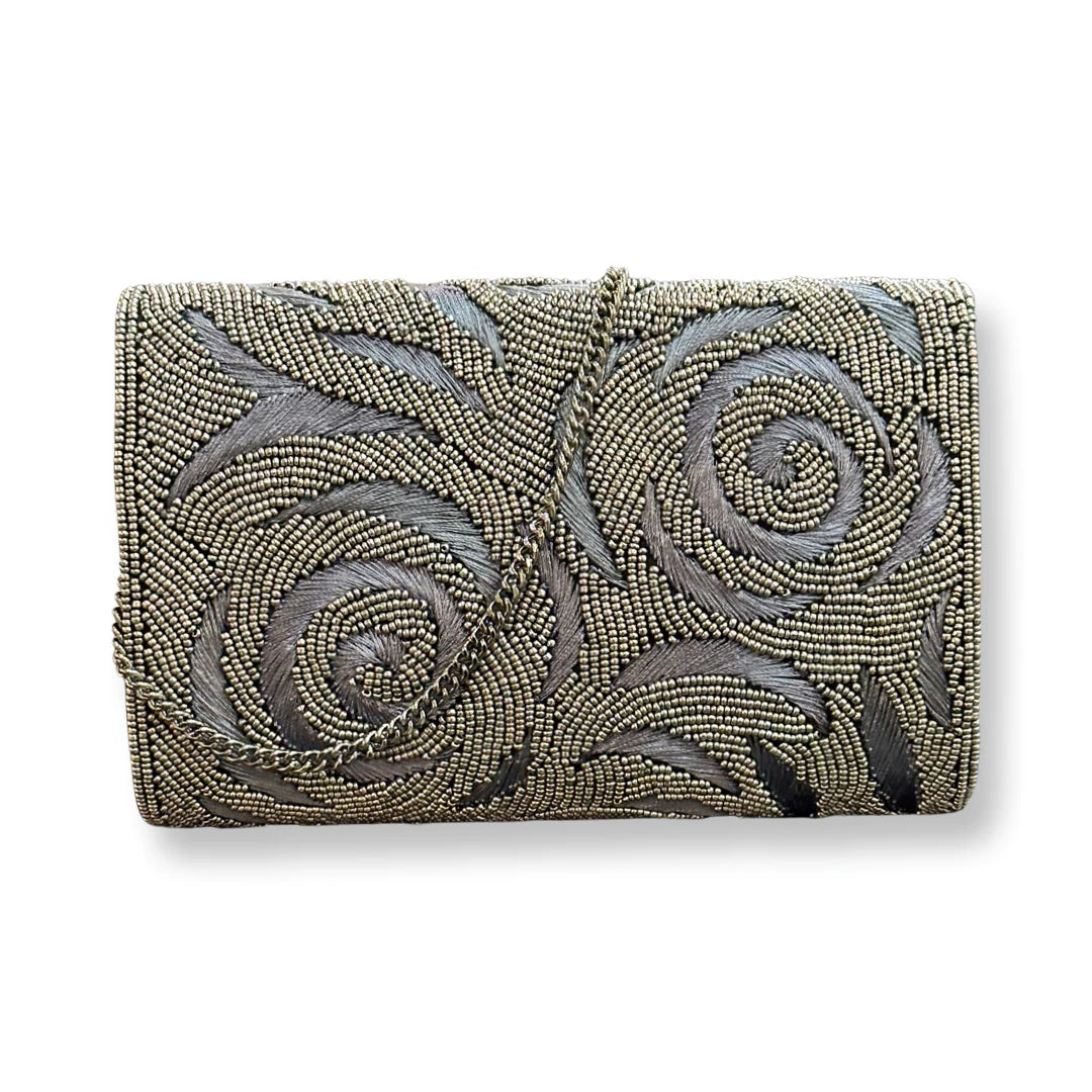 WOMEN'S DAVID JEFFERY HANDBAG | PEWTER BEADS & PEWTER EMBROIDERY WITH CHAIN STRAP