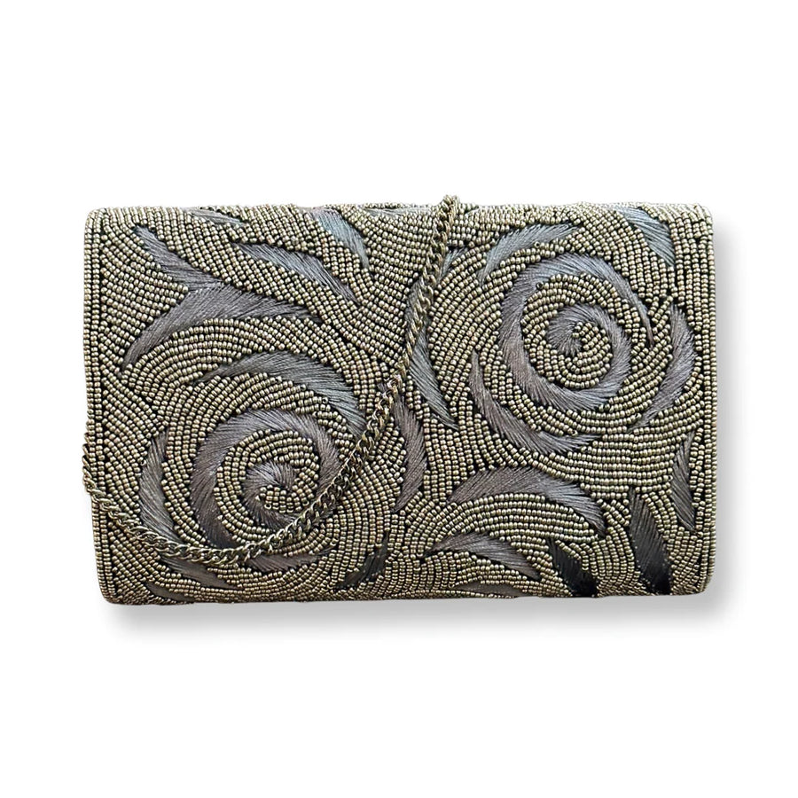 WOMEN'S DAVID JEFFERY HANDBAG | PEWTER BEADS & PEWTER EMBROIDERY WITH CHAIN STRAP