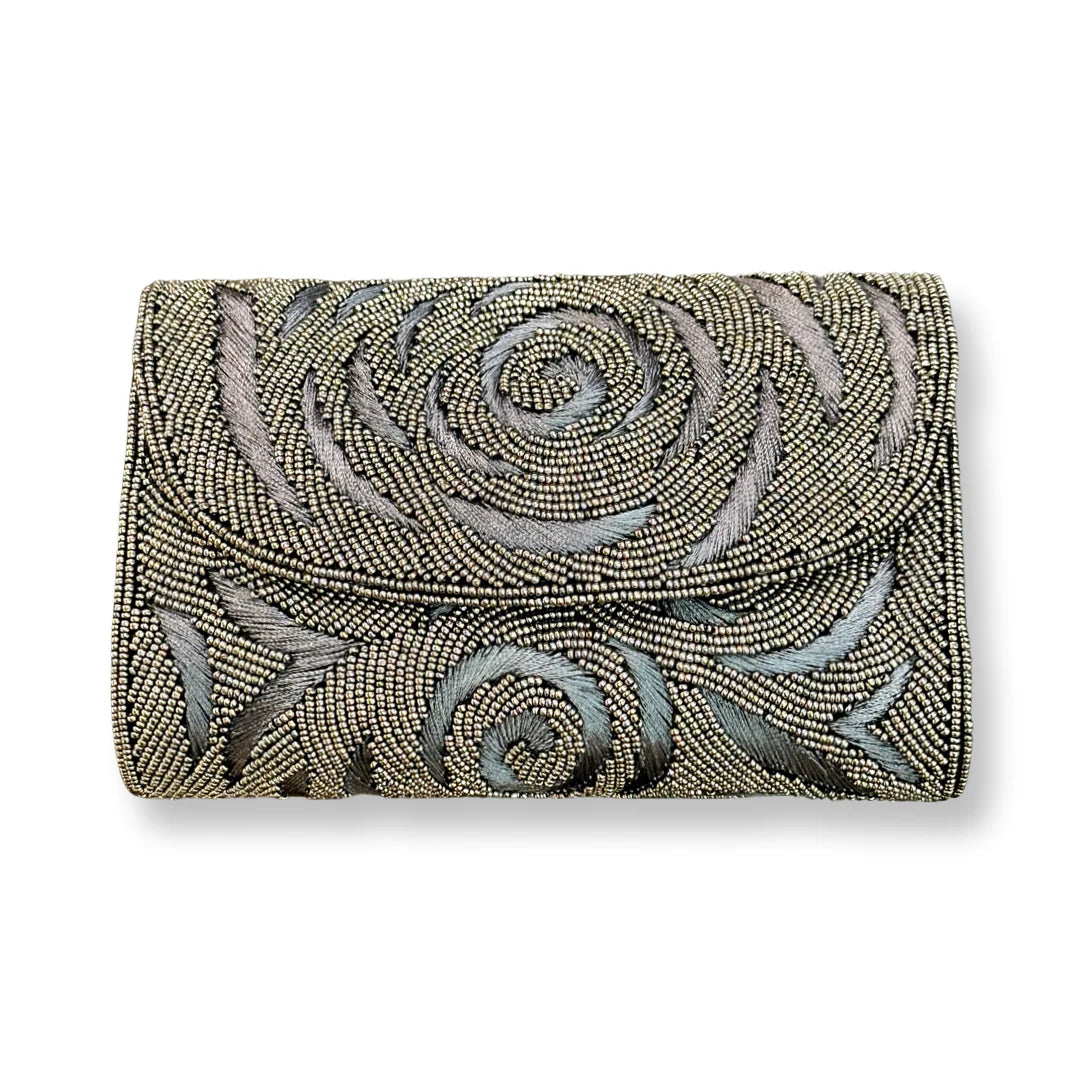 WOMEN'S DAVID JEFFERY HANDBAG | PEWTER BEADS & PEWTER EMBROIDERY WITH CHAIN STRAP