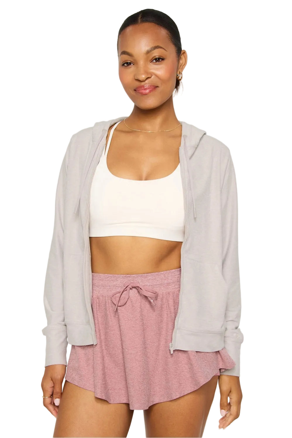 WOMEN'S FABLETICS CLOUD JERSEY FULL ZIP HOODIE | LIGHT SAND HEATHER
