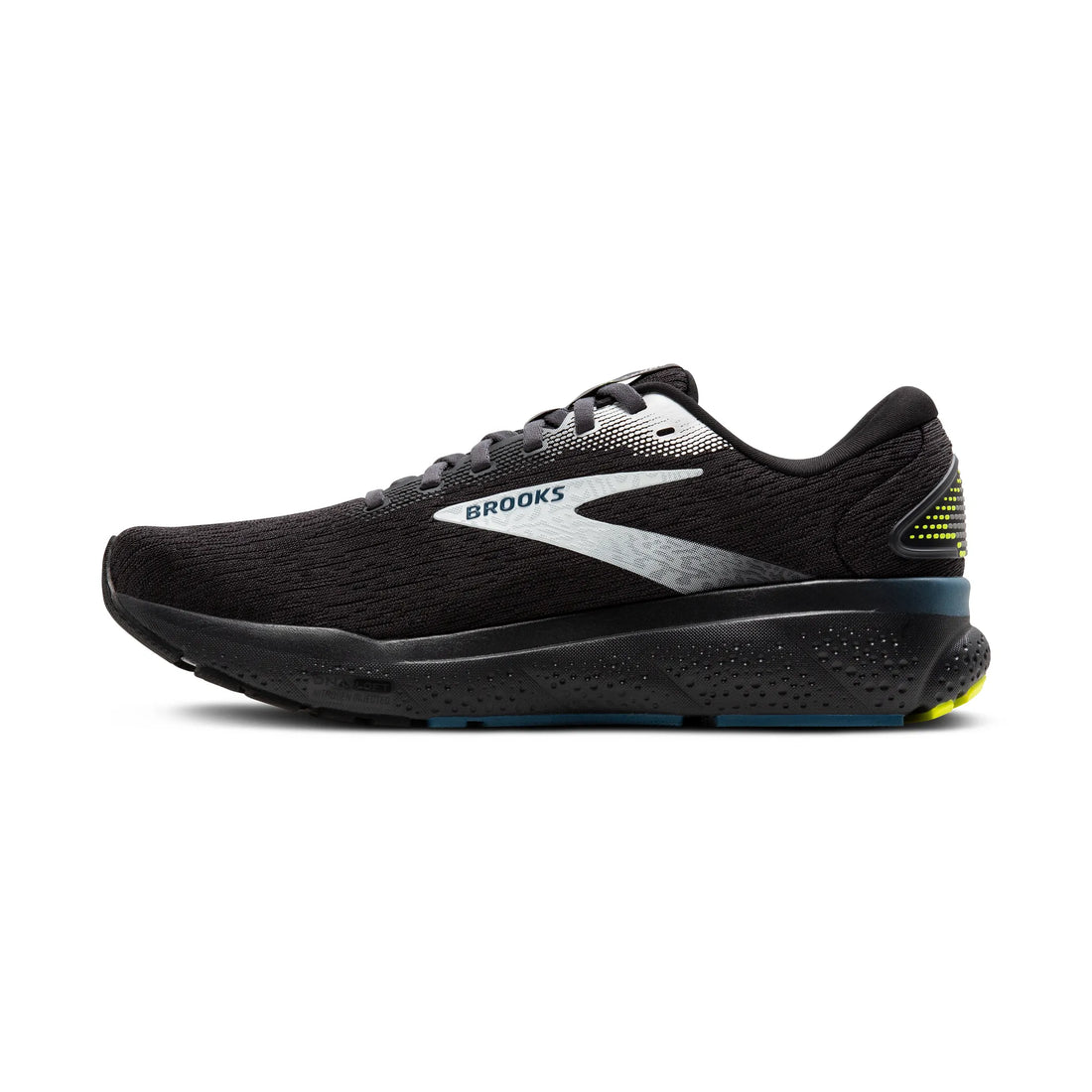 Black running shoe with Brooks logo on a white background