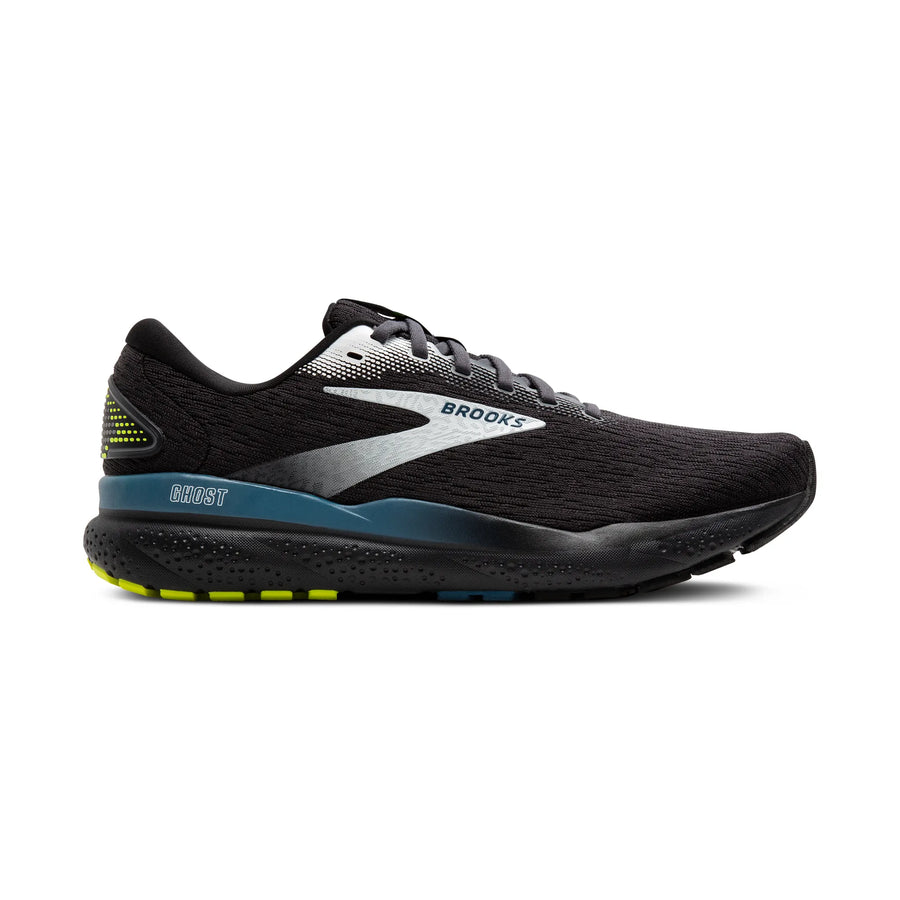 Black running shoe with blue and yellow accents on a white background