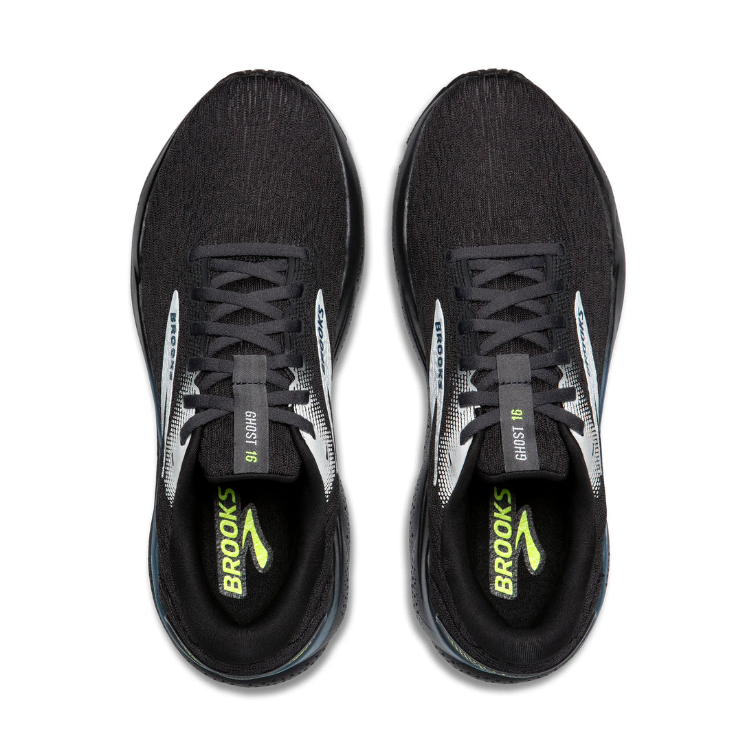 Black running shoes with visible 'Brooks' branding on a white background