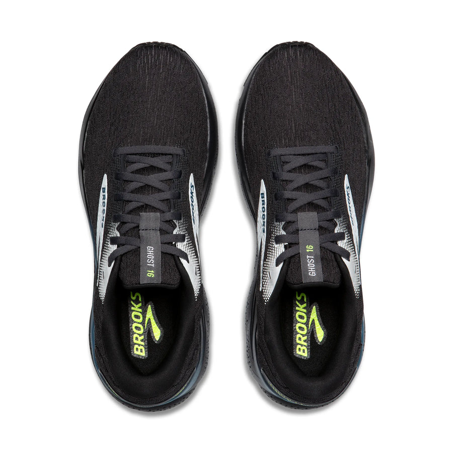 Black running shoes with visible 'Brooks' branding on a white background