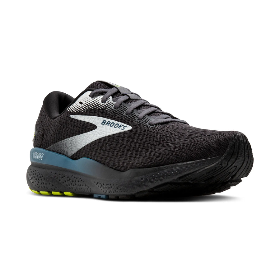 Black running shoe with visible 'Brooks' logo on a white background