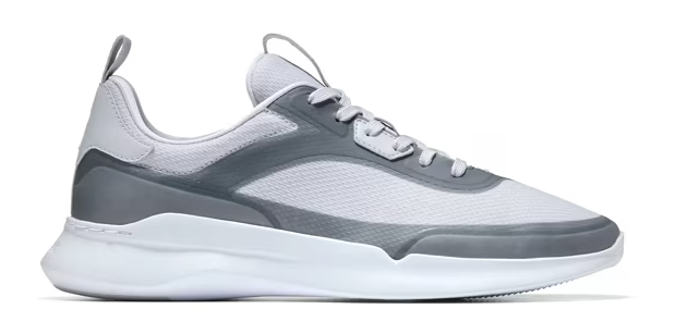 Gray and white athletic shoe on a white background