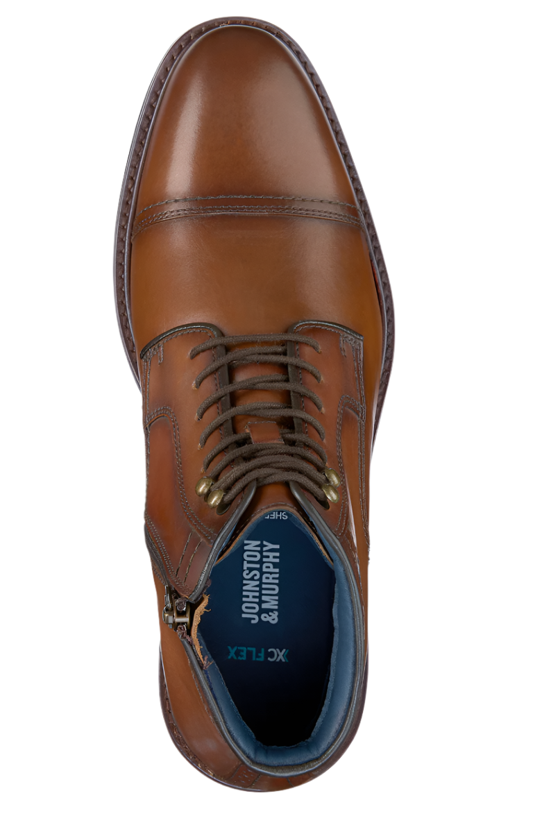 MEN'S JOHNSTON & MURPHY XC FLEX RALEIGH CAP TOE ZIP BOOT | DARK TAN FULL GRAIN