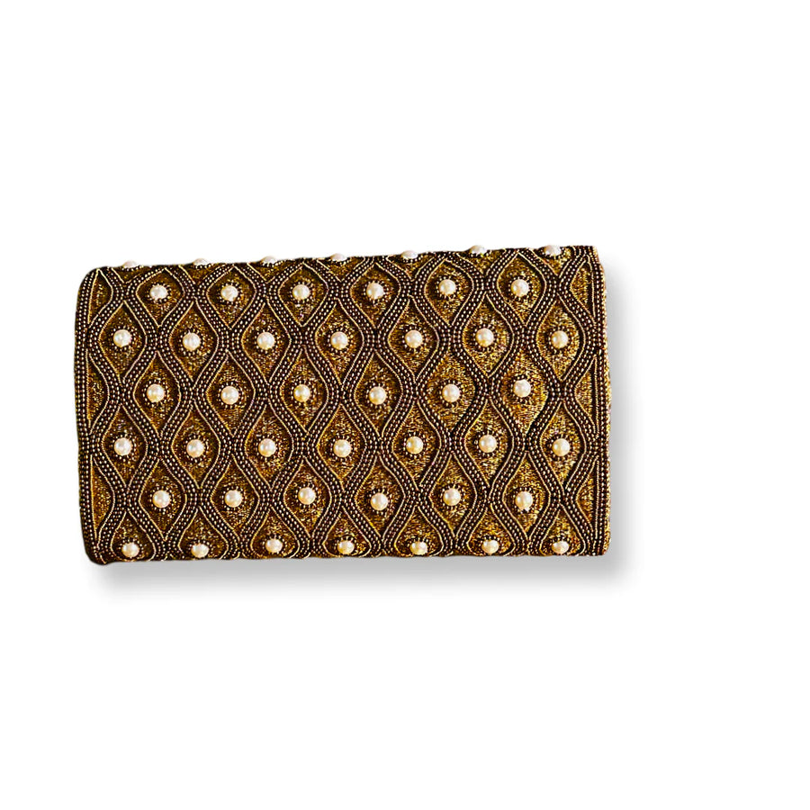 WOMEN'S DAVID JEFFERY HANDBAG | GOLD BEADED PEARL CLUTCH WITH CHAIN STRAP
