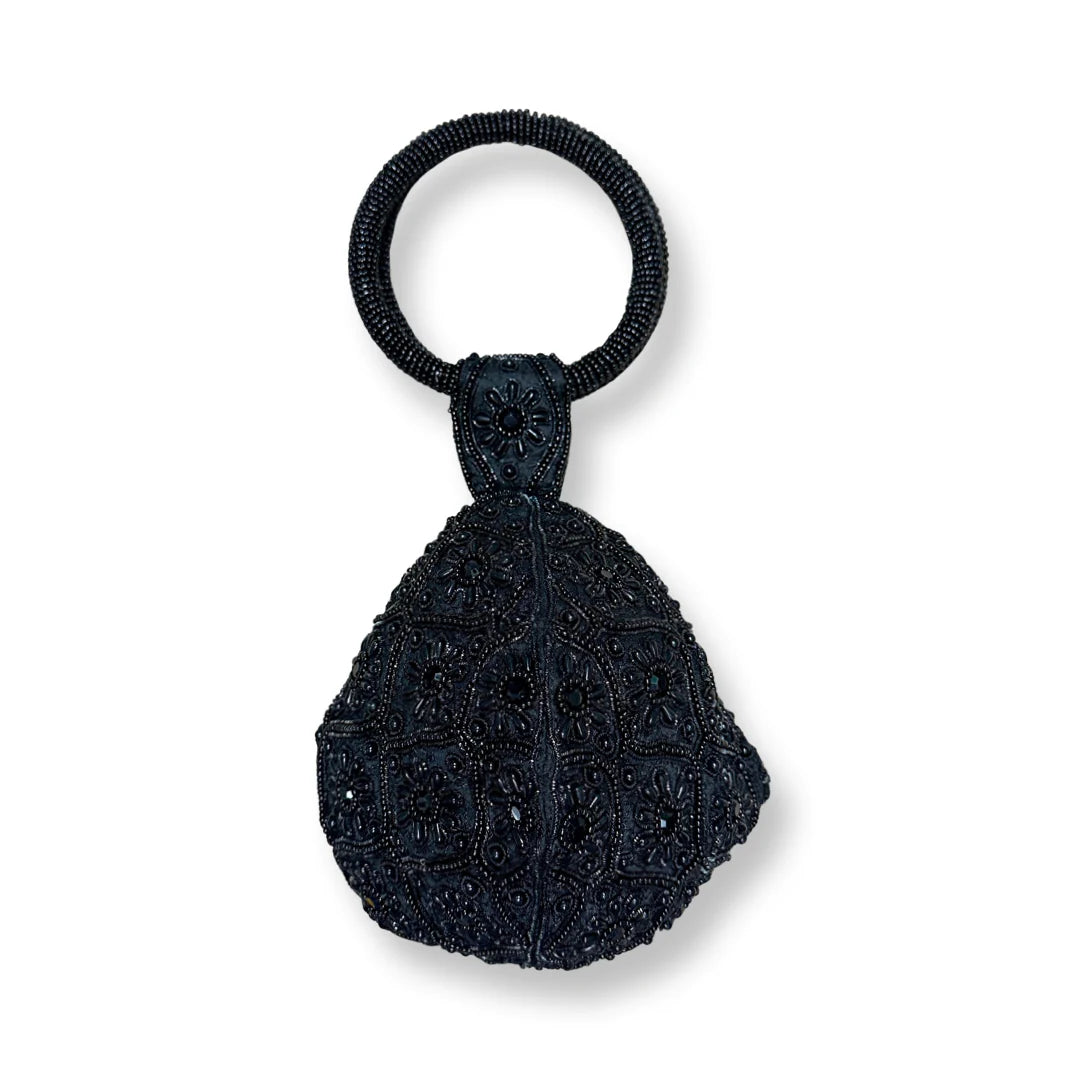 WOMEN'S DAVID JEFFERY HANDBAG | BLACK BEADED WITH BLACK RING HANDLE