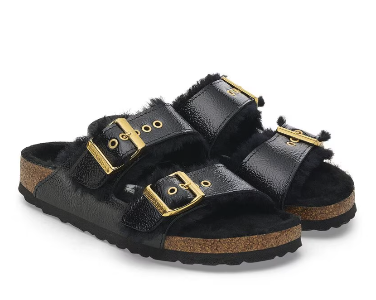 WOMEN'S BIRKENSTOCK ARIZONA SHEARLING EYELETS PATENT LEATHER | NAPLAK BLACK