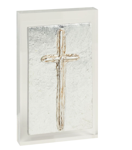 MUDPIE SILVER CROSS PAINTED ACRYLIC PLAQUE
