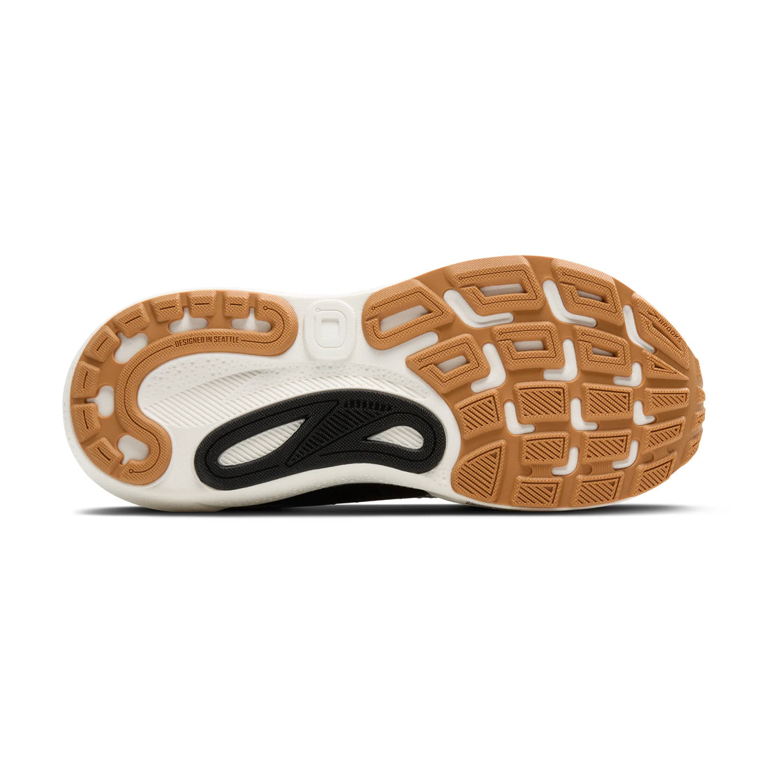 Close-up of a shoe sole with brown and white pattern on a white background