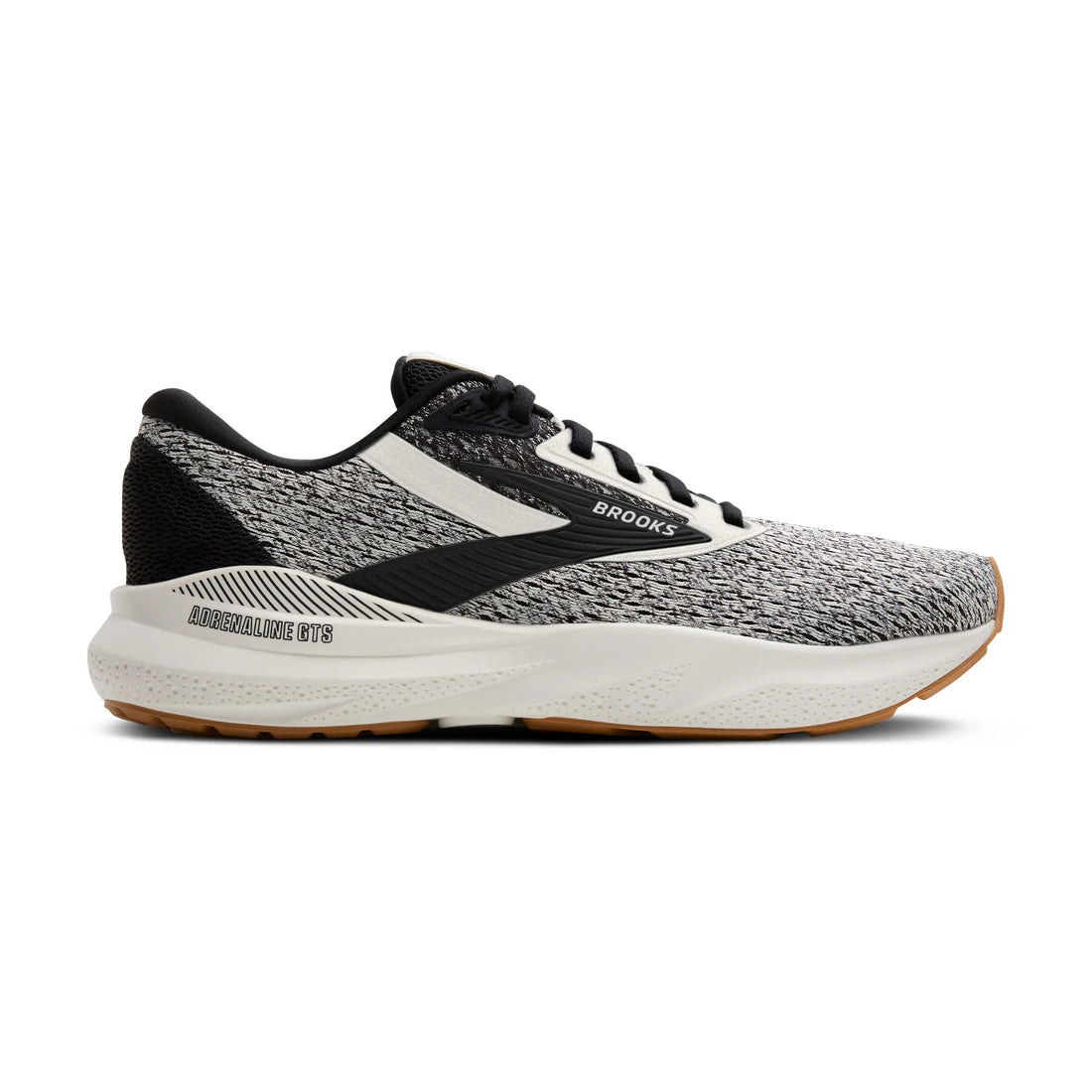 Black and gray running shoe with white sole on a white background