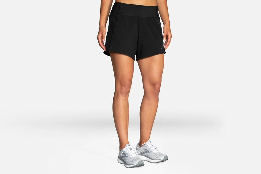 Person wearing black athletic shorts on a white background