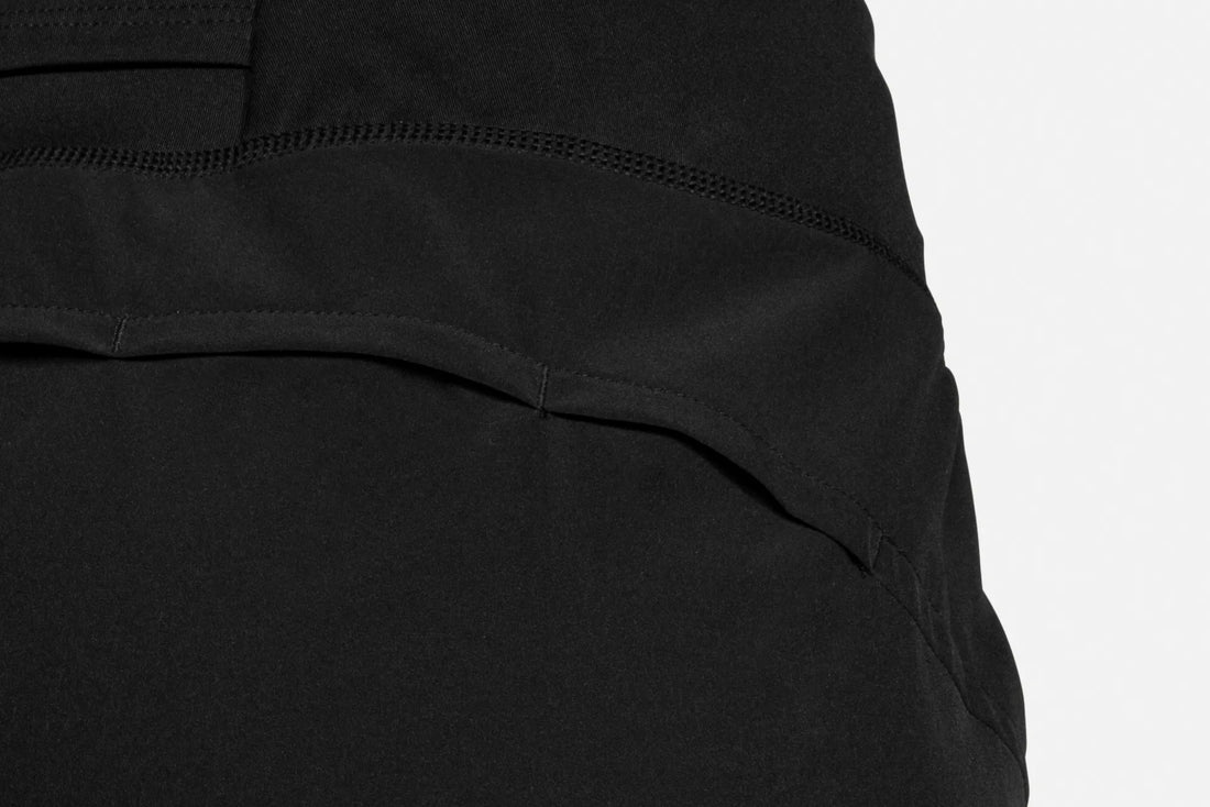 Close-up of a black garment with a pocket on a light gray background
