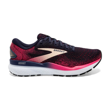 Black and pink running shoe with Brooks logo on a white background