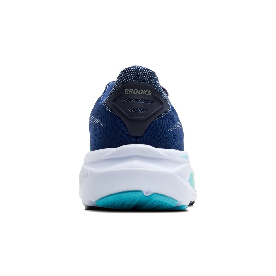 Blue and white running shoe with 'Brooks' branding on a white background