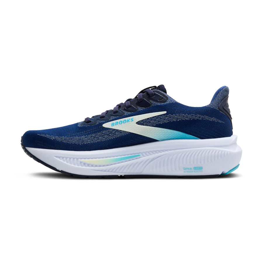 Blue running shoe with white sole on a white background