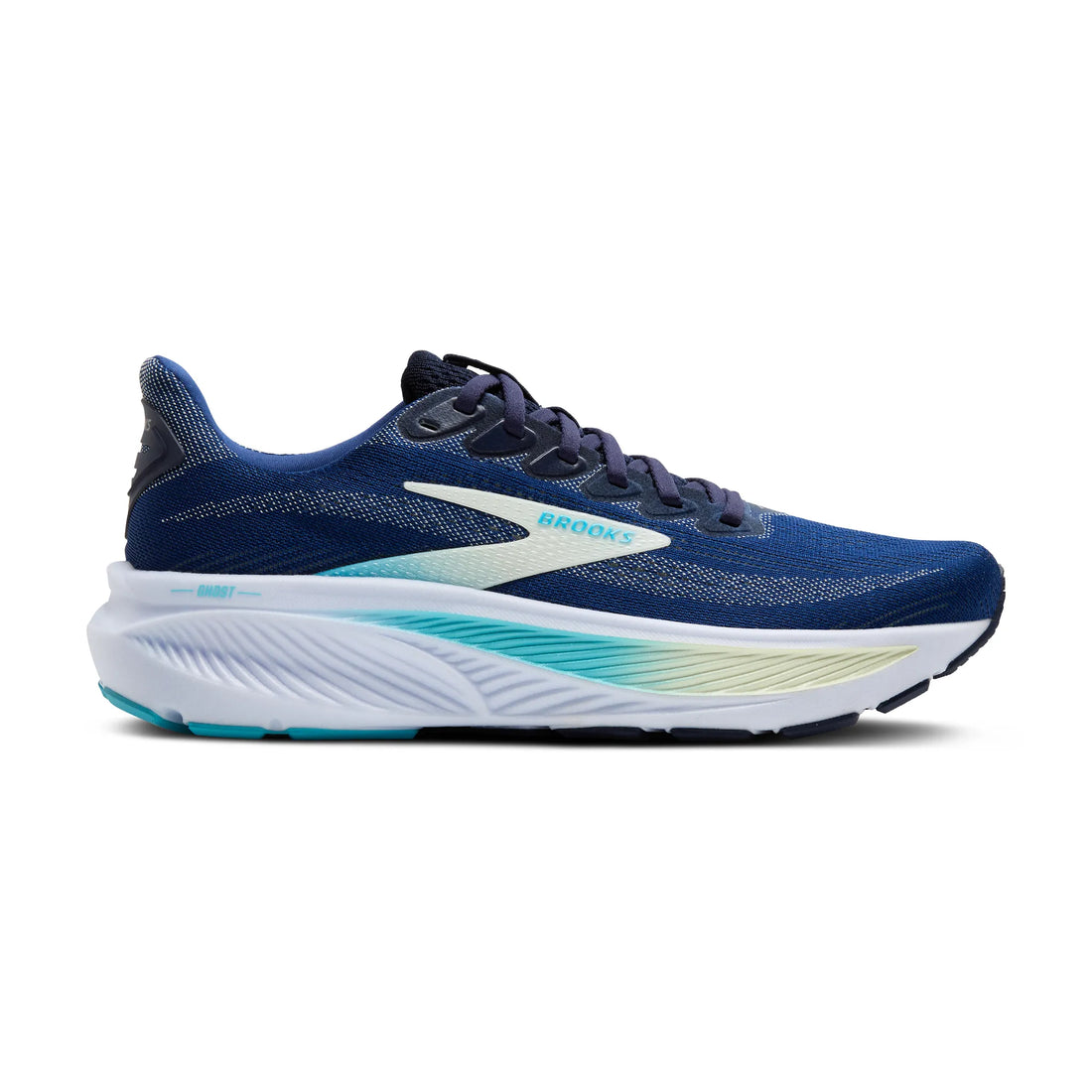 Blue running shoe with gradient sole on a white background