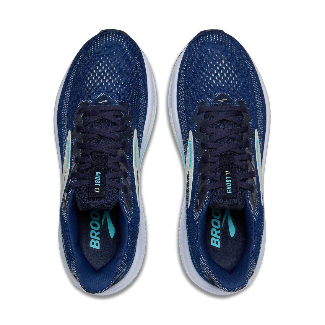 Pair of blue running shoes with white soles on a white background