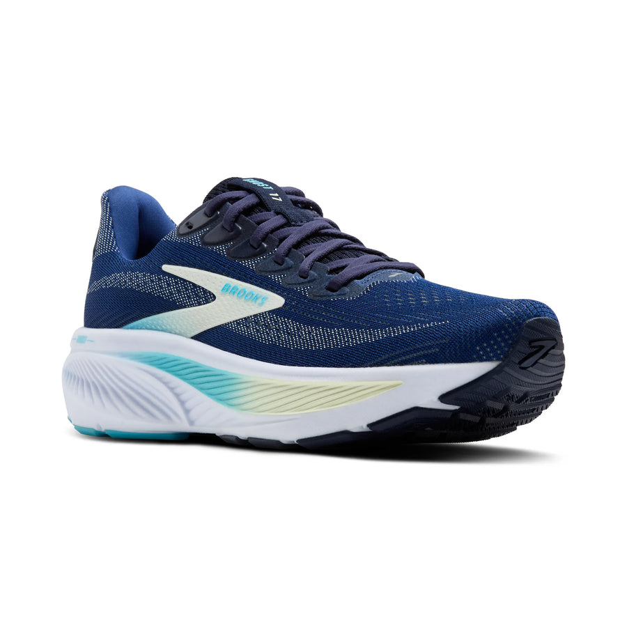 Blue running shoe with white sole on a white background