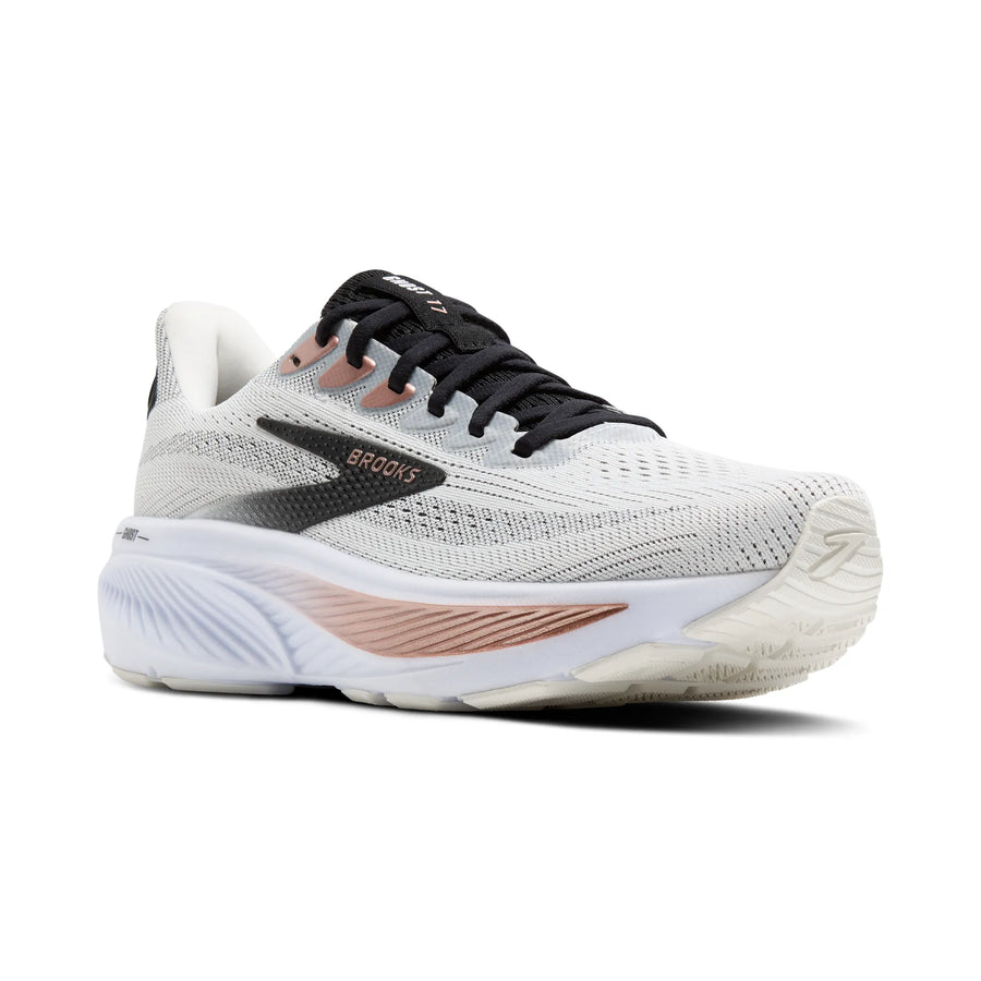 White running shoe with black and pink accents on a white background