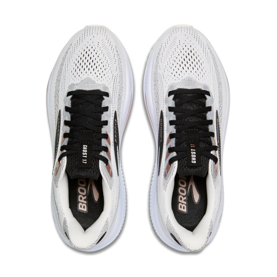 White running shoes with black laces and text on a white background
